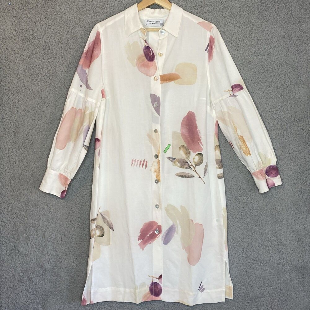 Haris Cotton Linen Rayon Artsy Tuscan Floral Oversized XS Midi Ivory Shirt Dress